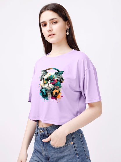 ELLITI Soft Rich Cotton Casual Cat Face Printed Lavender/Purple Half Sleeve | Round Neck | Oversized/Loose Fit | Down Solder | R