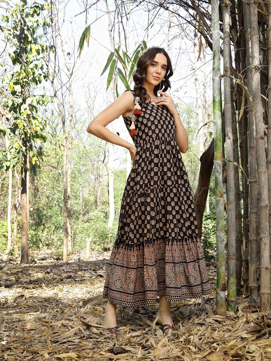 Stylum Womens Ethnic Printed Cotton Tiered Dress Black