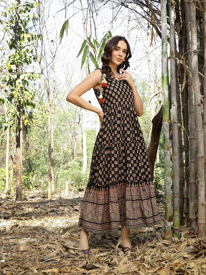 Stylum Womens Ethnic Printed Cotton Tiered Dress Black