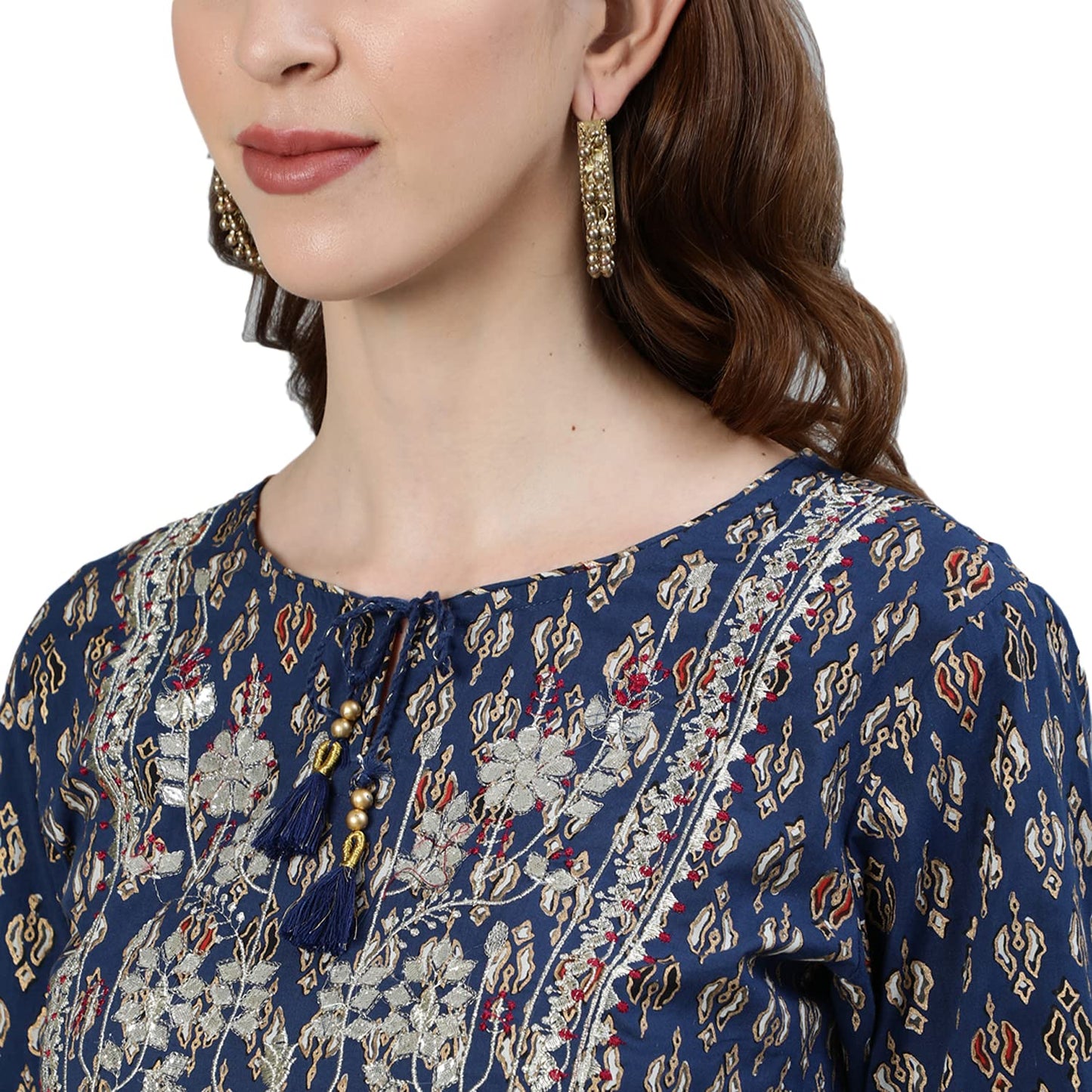 ishin Women's Pure Cotton Navy Blue Embroidered A-Line Kurta set With Trouser and Dupatta