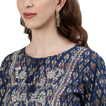 ishin Women's Pure Cotton Navy Blue Embroidered A-Line Kurta set With Trouser and Dupatta