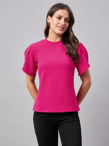 Style Quotient Women Solid Fuchsia Pink Poly Knit Smart Casual Regular Top