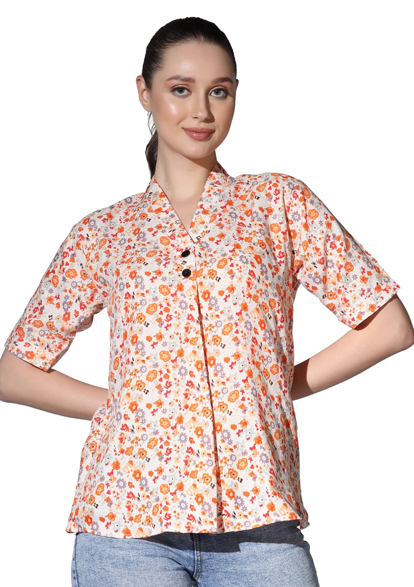 Greciilooks Western Top For Women - Woven Flower Printed Design & Split V Neck Short Stand Collar Top For Girls Suitable For Wor