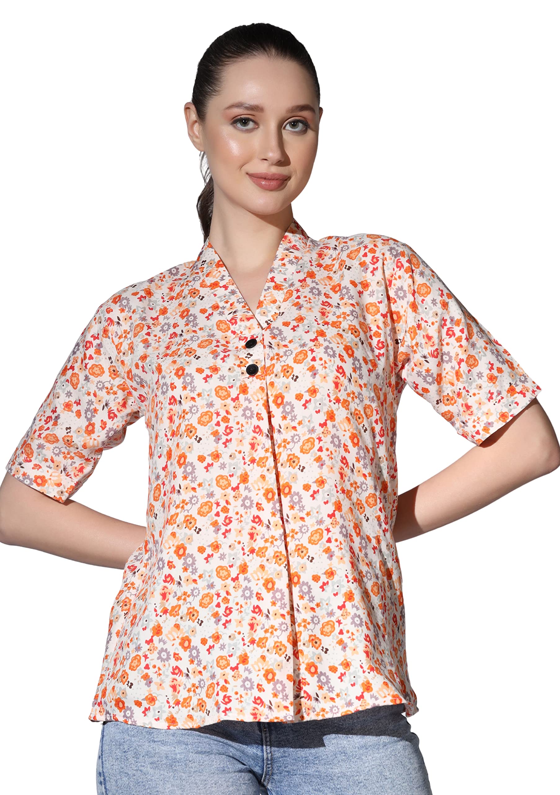 Greciilooks Western Top For Women - Woven Flower Printed Design & Split V Neck Short Stand Collar Top For Girls Suitable For Wor