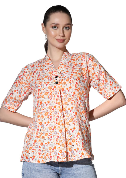 Greciilooks Western Top For Women - Woven Flower Printed Design & Split V Neck Short Stand Collar Top For Girls Suitable For Wor