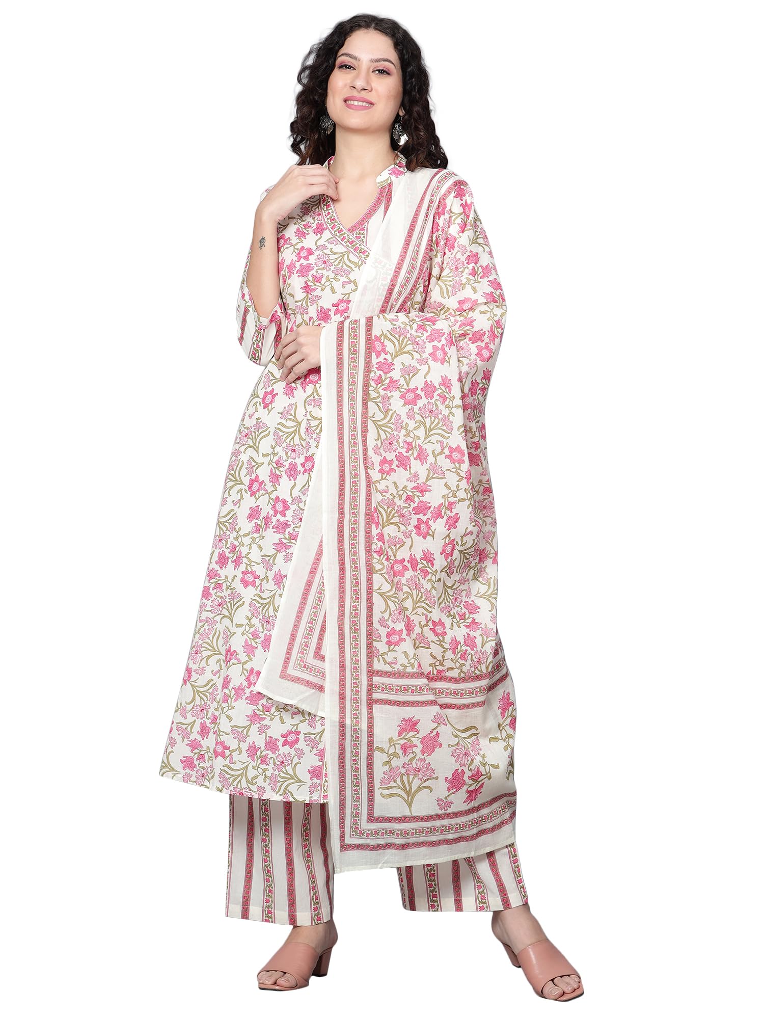 idaLia Multicolour Floral Printed Cotton Kurta Set with Dupatta