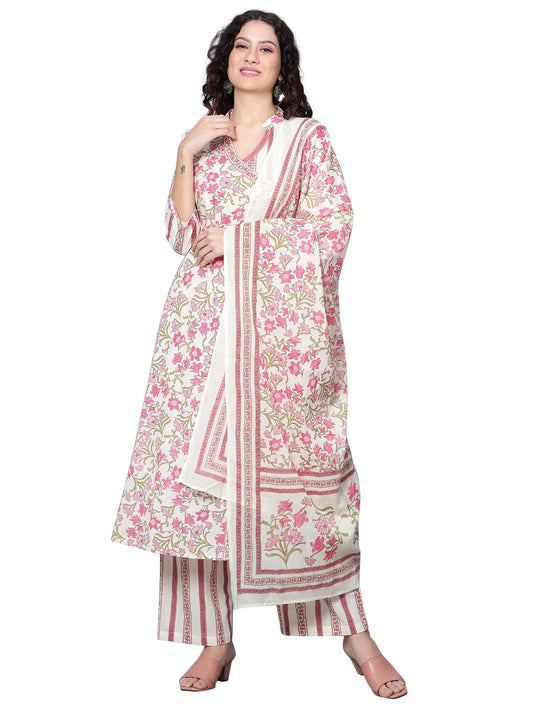 idaLia Multicolour Floral Printed Cotton Kurta Set with Dupatta