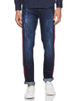 Campus Sutra Mens Classic Blue Dark-Washed Distressed Side Striped Regular Fit Denim Jeans | Mid-Rise Stretchable Cotton Denim J