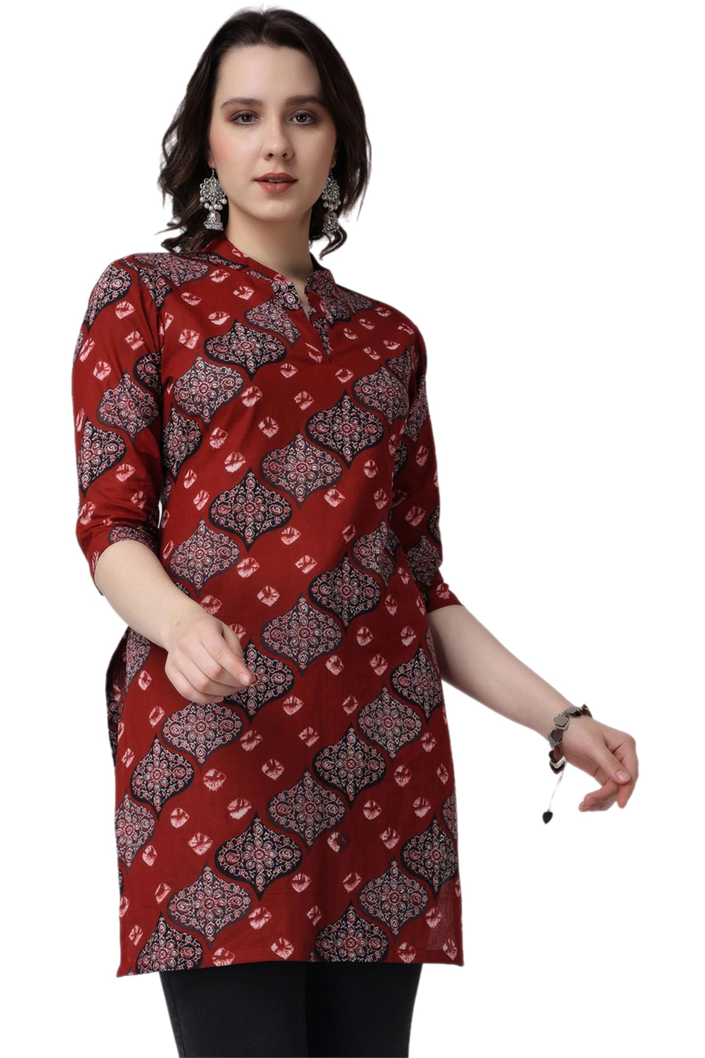 Popwings Women Casual Pure Cotton Maroon Bandhani Printed Kurti | Short Kurti For Women | 3/4Th Sleeve Kurti For Women Kurti For
