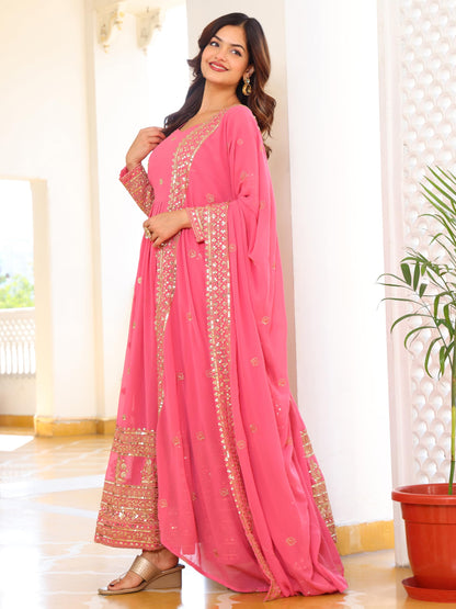 Fashion Basket Georegtte Anarkali Long Dress For Women Pink