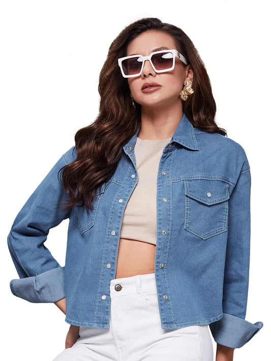 Miss Chase Womens Shirt Collar Full Sleeve High Low Solid Crop Denim Shirt (MCAW25DEN61-36-EFG-05, Harborline Blue, L)