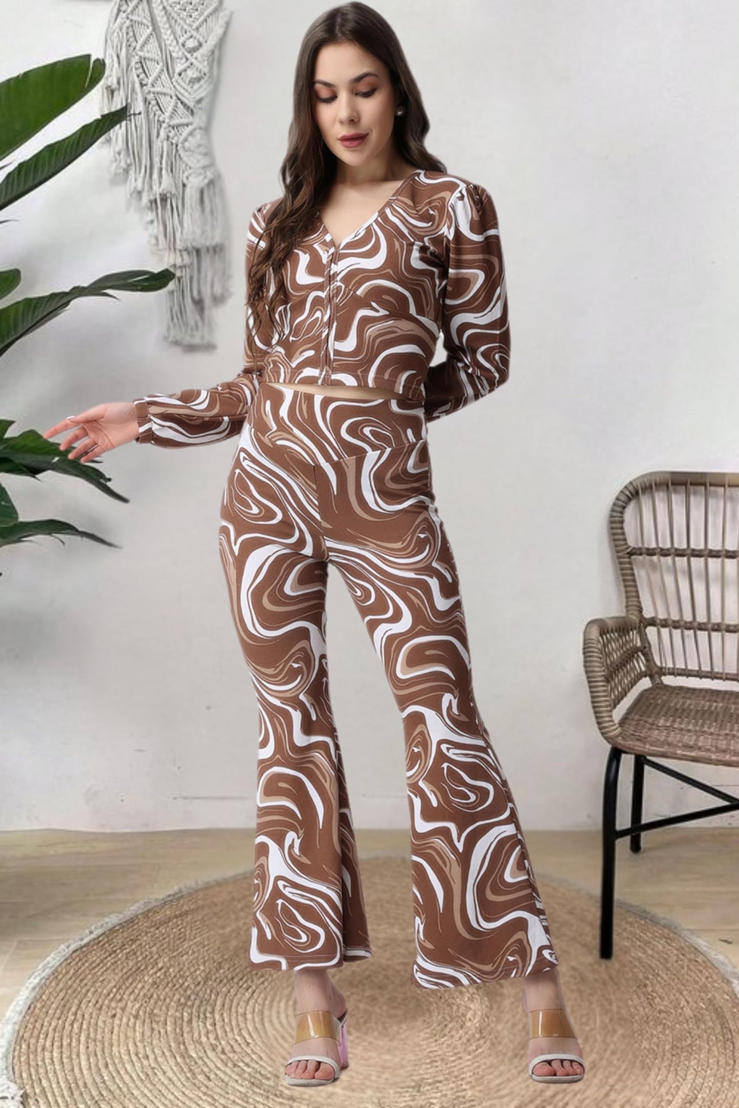Popwings Casual Brown Marble Printed Crop Top And Trouser Co-Ord Set For Women || Co-Ords Set For Women Stylish Western || Full