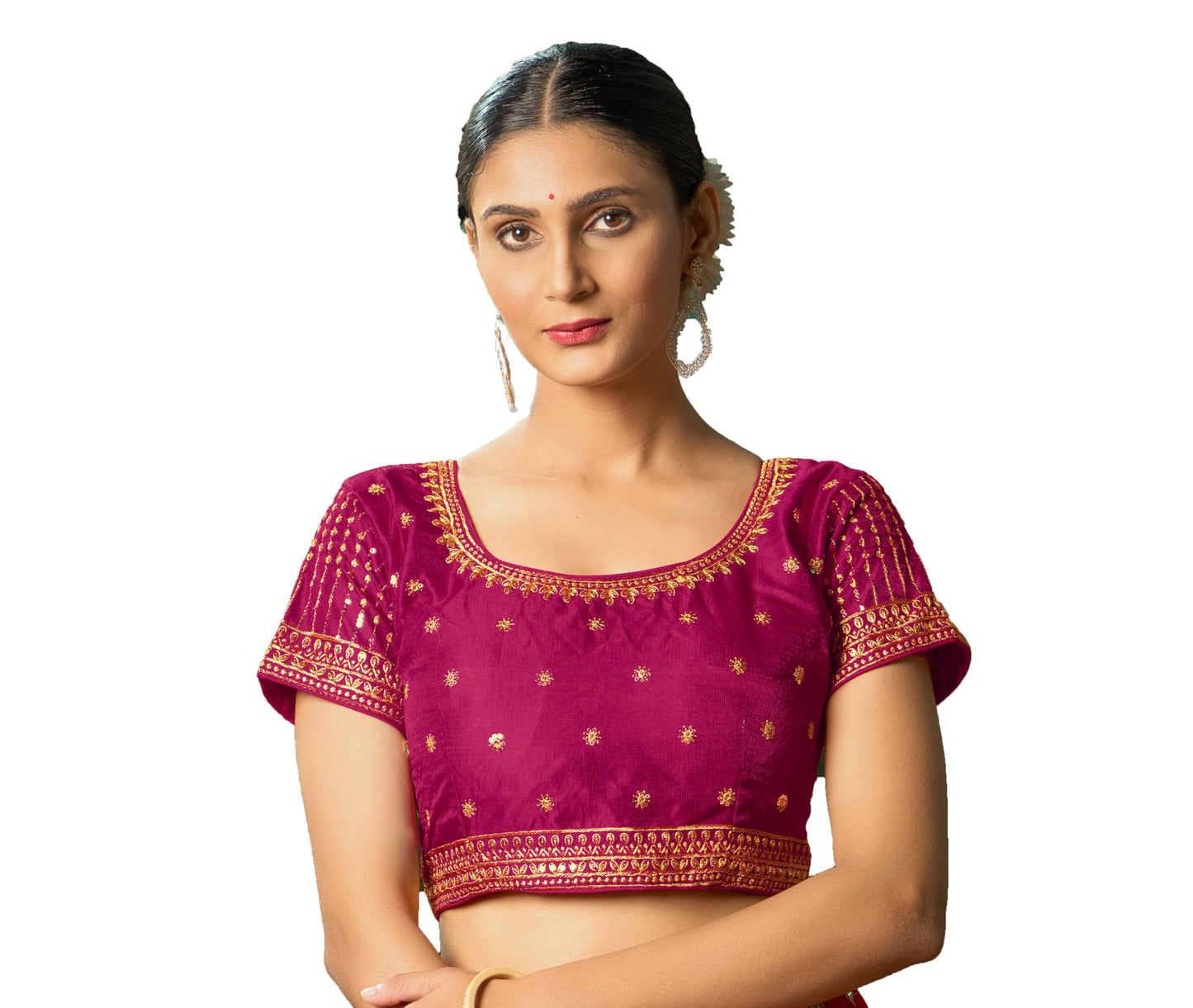 Pujia Mills Womens Pink Readymade Blouse Embroidery Multi Coding Gold Thread Indian Ethnic Designer Blouse Stitched Womens Rea