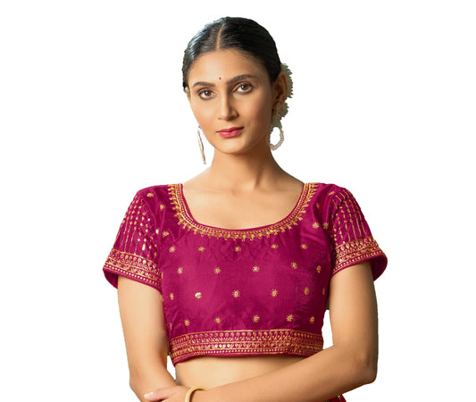 Pujia Mills Womens Pink Readymade Blouse Embroidery Multi Coding Gold Thread Indian Ethnic Designer Blouse Stitched Womens Rea