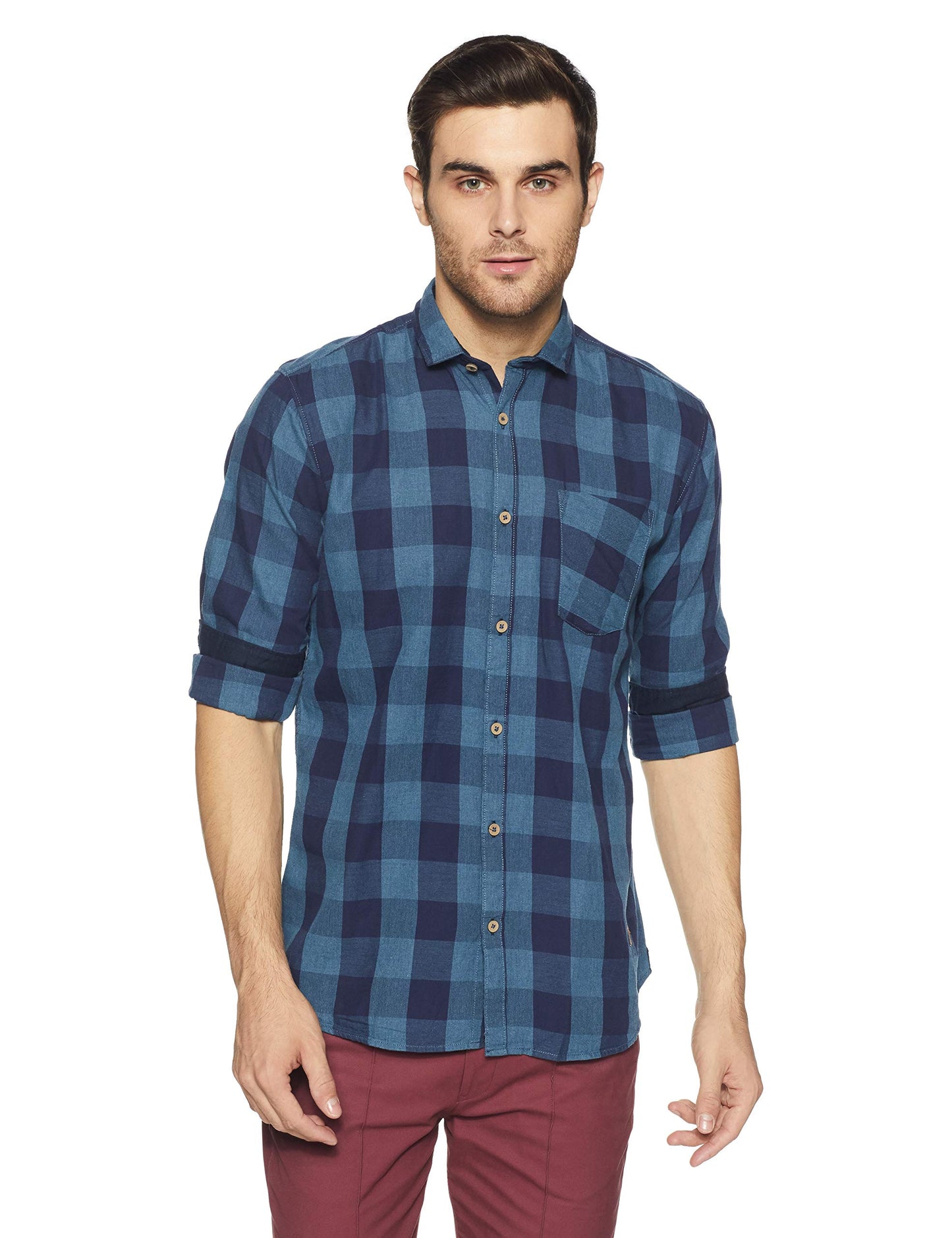 Campus Sutra Mens Navy Blue Checkered Button Up Shirt Regular Fit for Casual Wear | Structured Shirt Crafted with Regular Full
