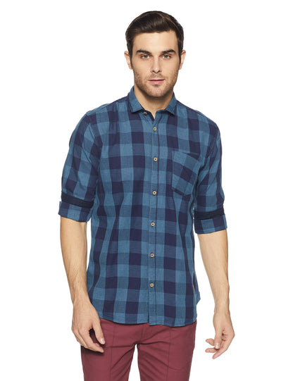 Campus Sutra Mens Navy Blue Checkered Button Up Shirt Regular Fit for Casual Wear | Structured Shirt Crafted with Regular Full