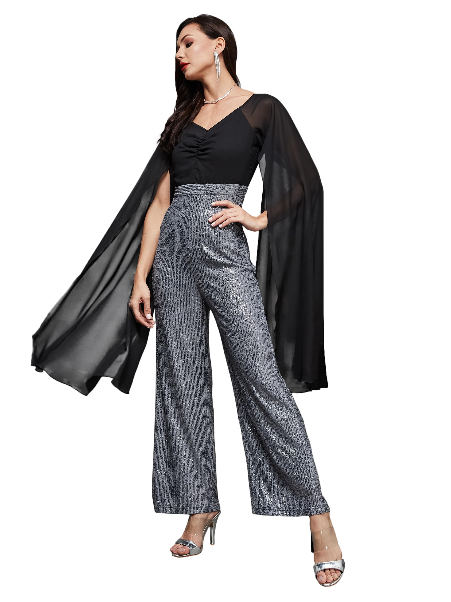 Miss Chase Womens Sweetheart Neck Full Sleeve Ruching Regular-Length Polyester Jumpsuit (MCSS23D98-68-242-06, Black & Silver, X