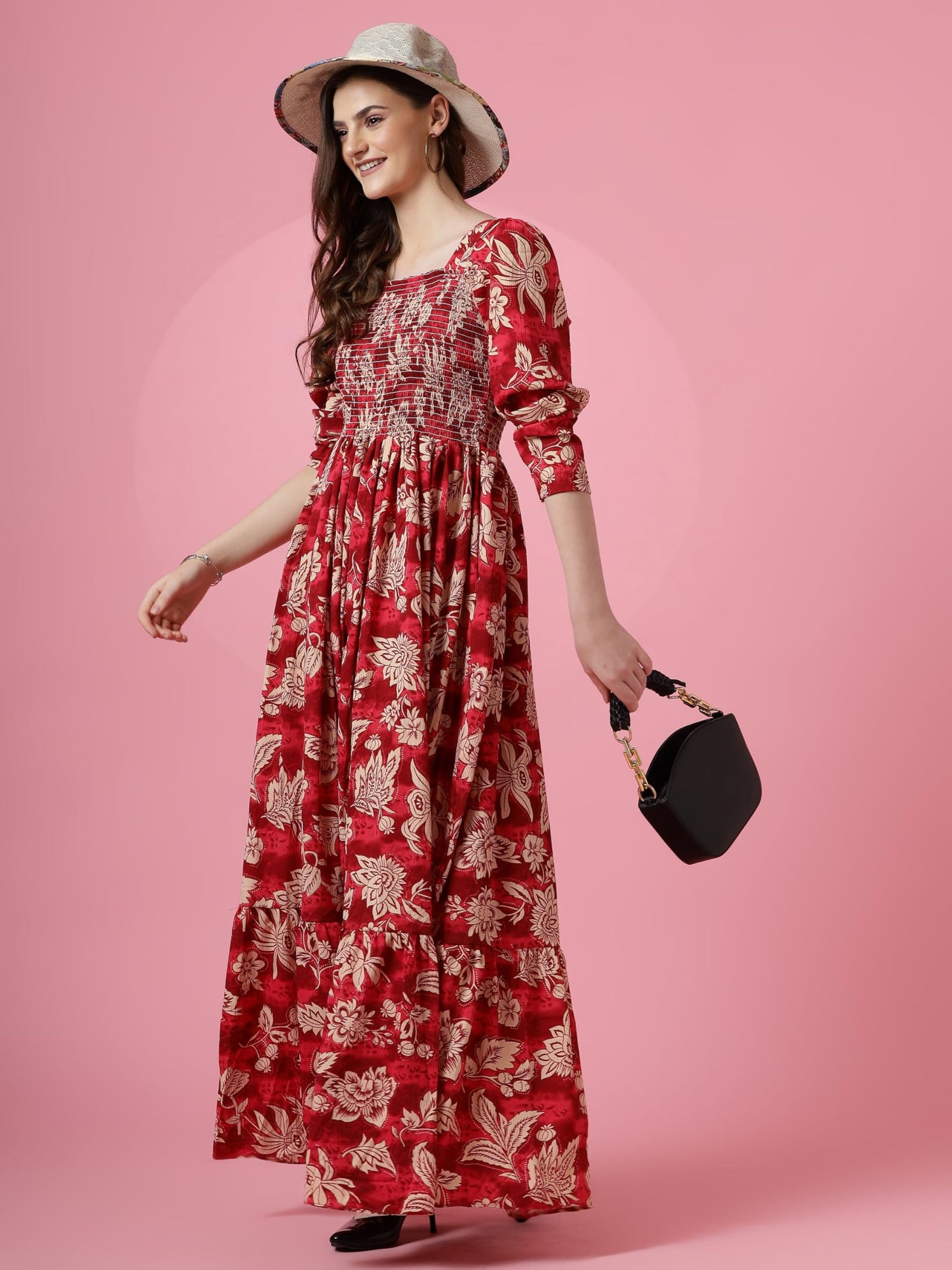 Sheetal Associates Womens Maxi Floral Print Crepe Regular Sleeves Casual Dress Red