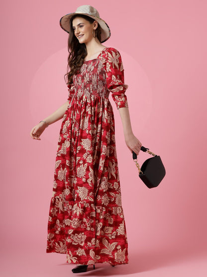 Sheetal Associates Womens Maxi Floral Print Crepe Regular Sleeves Casual Dress Red