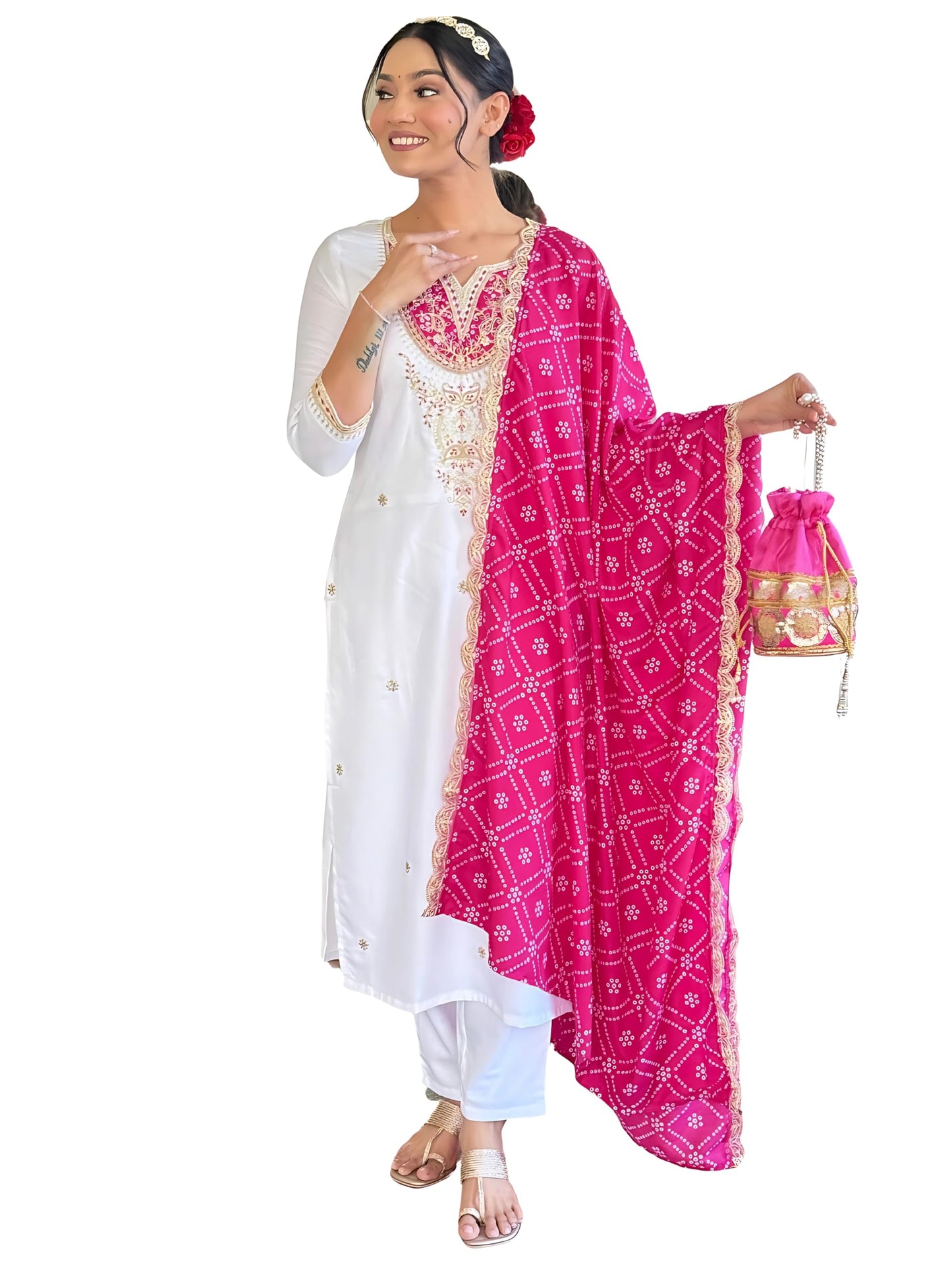 Naixa WomenS White Bsy Viscose Embroidered Straight Kurta With Bsy Viscose Pant And Silk Blend Embroidered Laced Dupatta Sets (