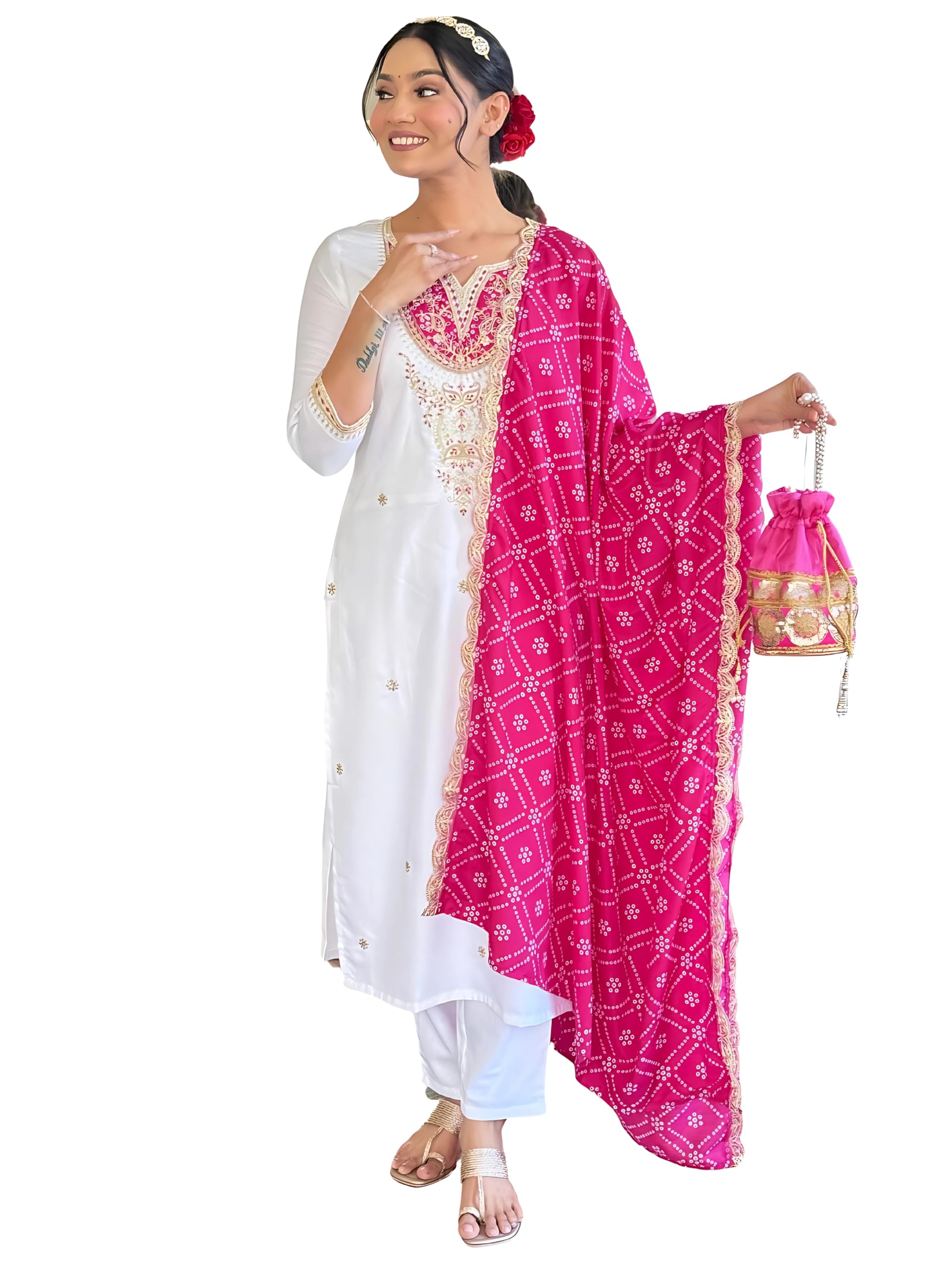 Naixa WomenS White Bsy Viscose Embroidered Straight Kurta With Bsy Viscose Pant And Silk Blend Embroidered Laced Dupatta Sets (
