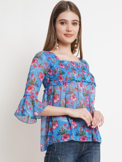 POPWINGS Printed Chiffon Peplum Tops for Women || 3/4th Sleeves Square Neck Women Tops for Summer || Stylish Western Smocking Wo
