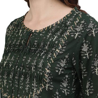 ishin Women's Pure Cotton A-Line Printed Gotta Patti Colourblocked print Green Kurta suit set with Palazzo