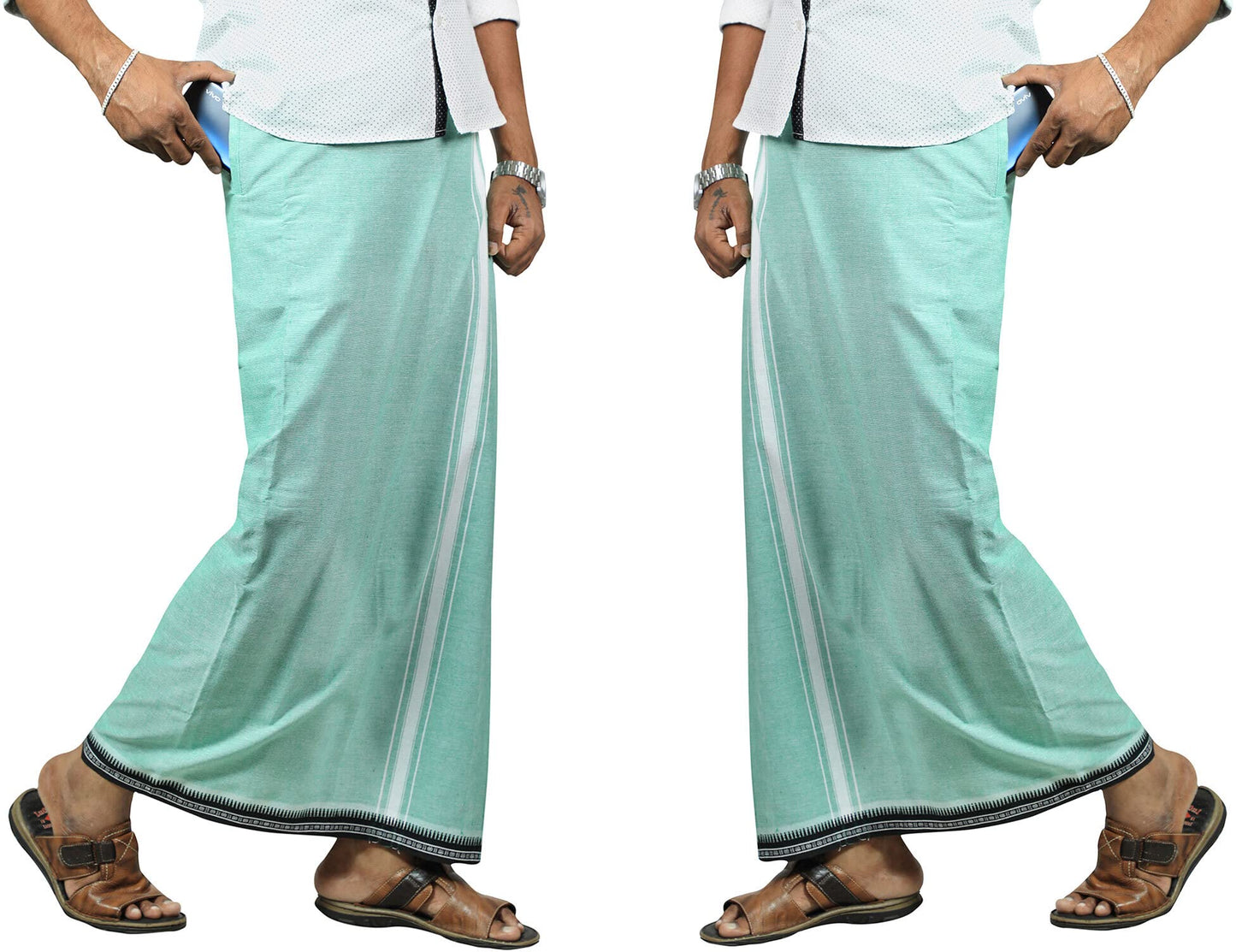 Prakasam Cotton Mens Kerala Thalapathi Border 2Way Pocket (Right &Left Side) Flexi Size (Adjustable) Welcro Single Colour Dhoti