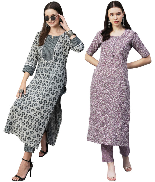 ANNI DESIGNER Women Cotton Blend Kurta With Pant, Pack Of 2