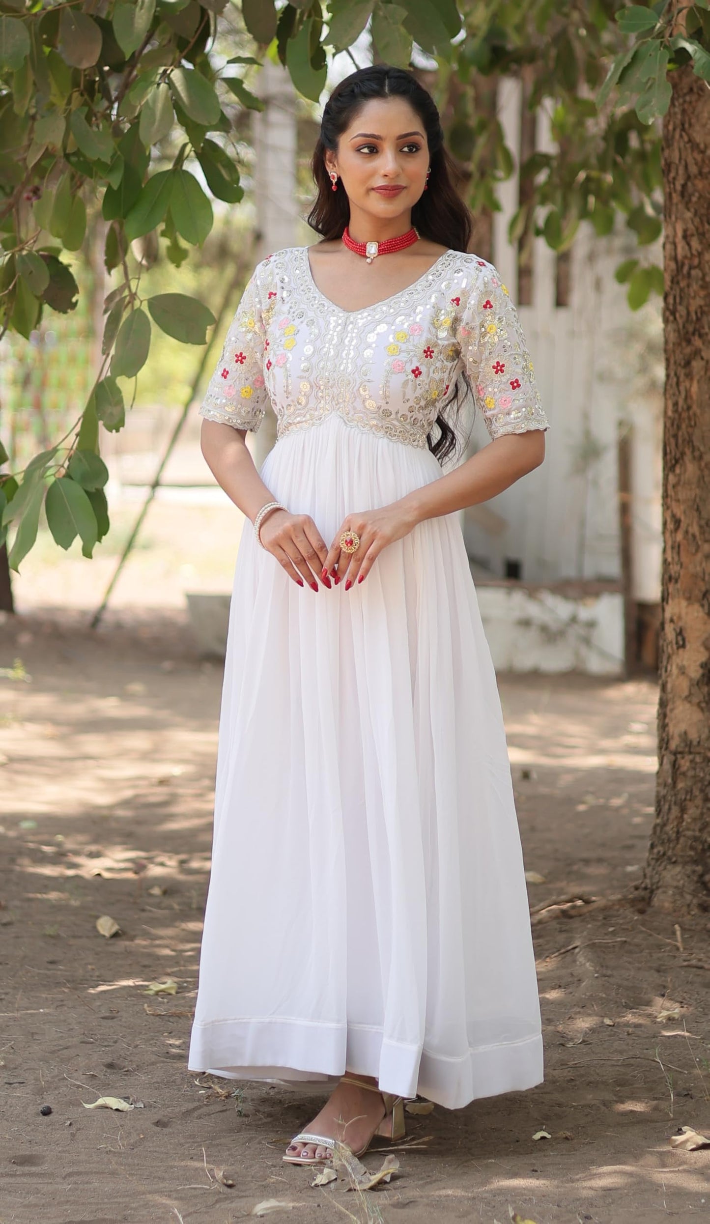 Fashion Basket WomenS Georgette Embroidered Anarkali Gown White