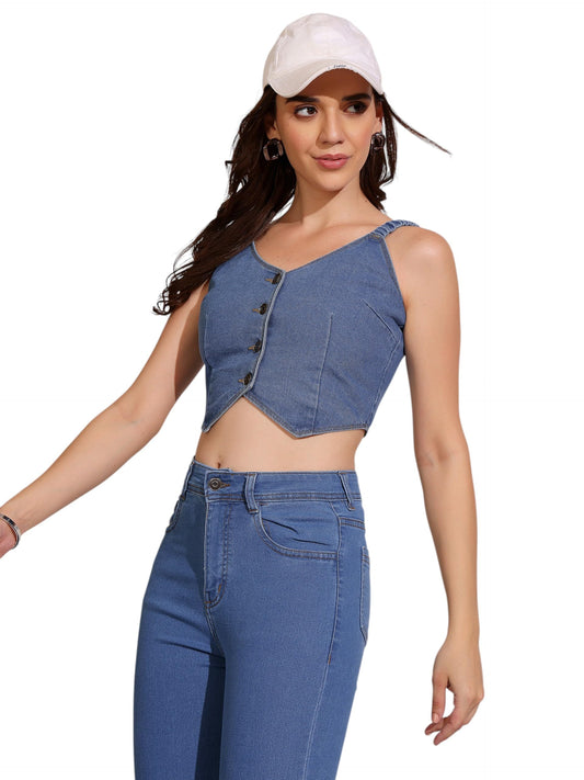 Dolce Crudo Womens Mid V Neck Elasticated Straps Sleeve Waistcoat-Styled Cropped Denim Top (DOSS25DEN71-77-303-05, Mid Blue, L)