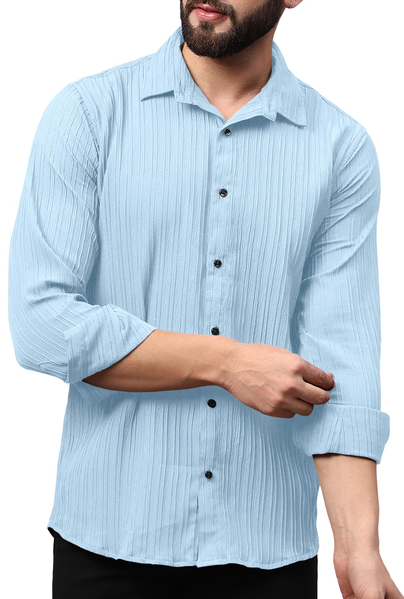 Finivo Fashion MenS Solid Regular Fit Textured Shirts_Sky