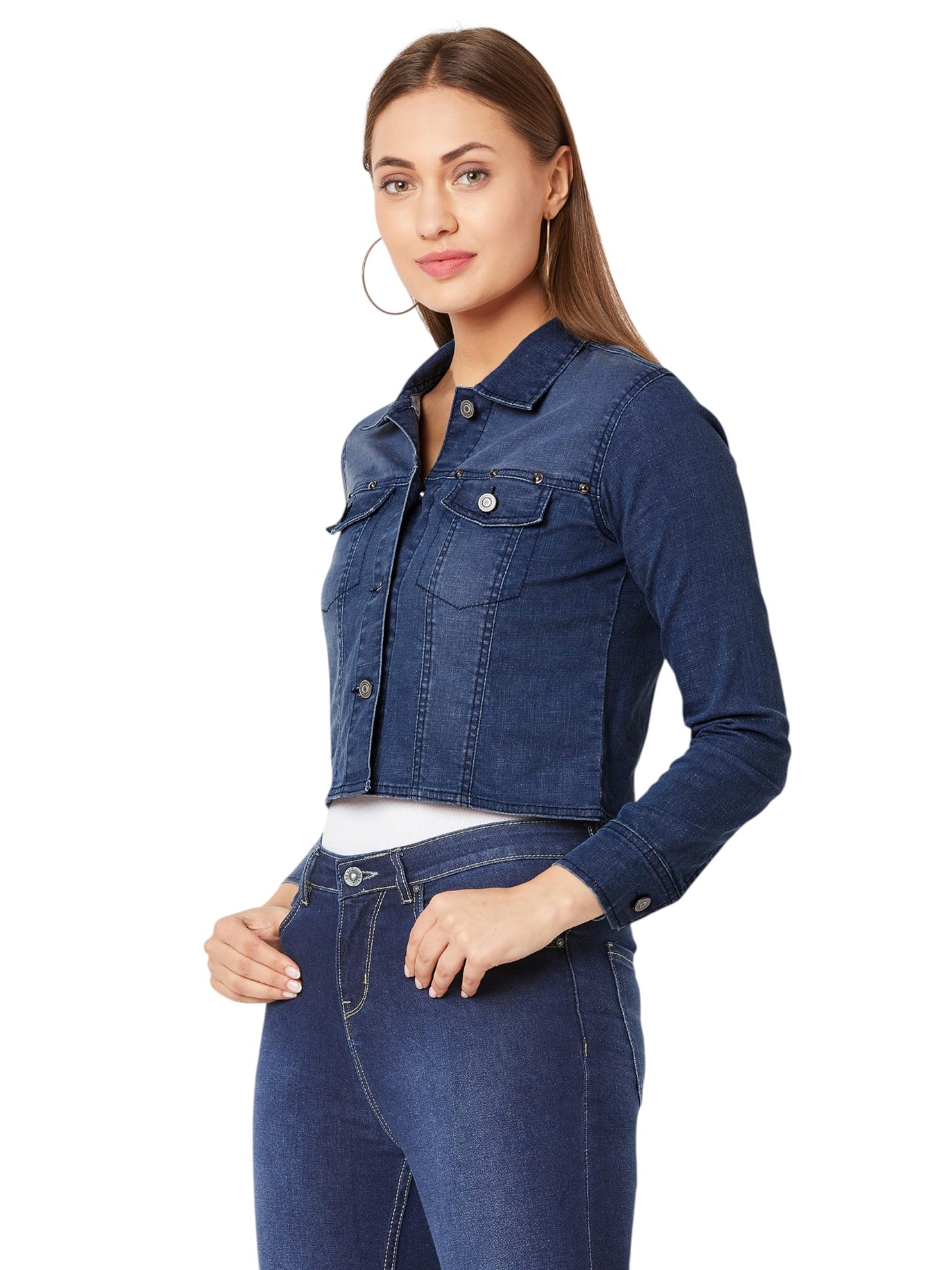 Miss Chase WomenS Polo Neck Full Sleeves Buttoned Denim Embellished Cropped Jacket (Mcss25Den68-60-402-06, Electric Blue, Xl)