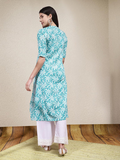 Stylum Women's Floral Printed Cotton A-Line Kurta (Pluto_Turquoise Blue)