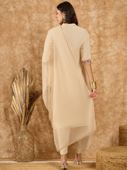 ZIYAA Art Silk Women's Cream Chinon Kurta,Palazzo Set with Dupatta