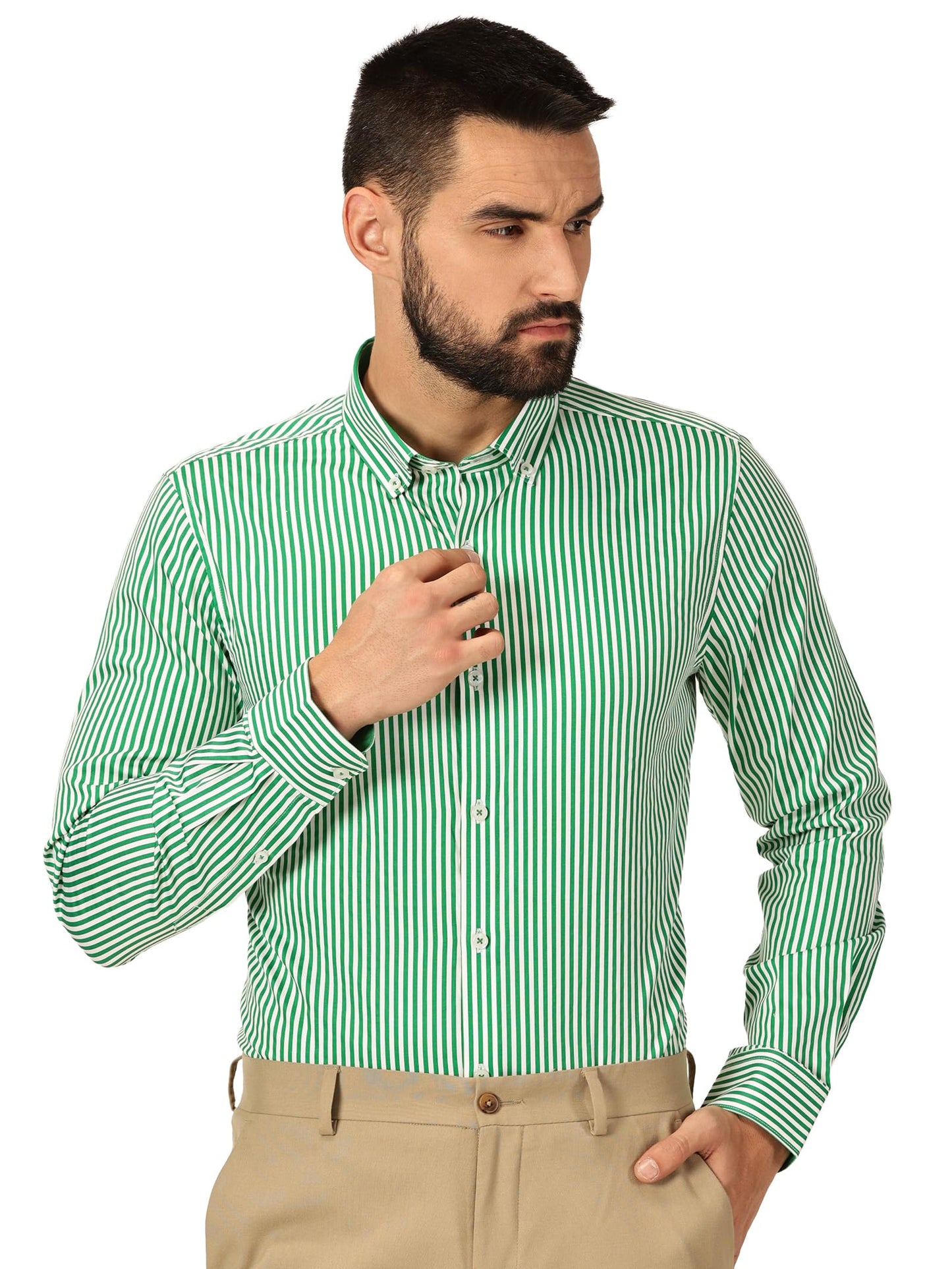 Thomas Scott 100% Cotton Full Sleeves Button-Down Collar Slim Fit Formal Shirt for Mens Green