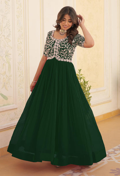 Wedani Georgette Embroidered Long Gown for Women Green