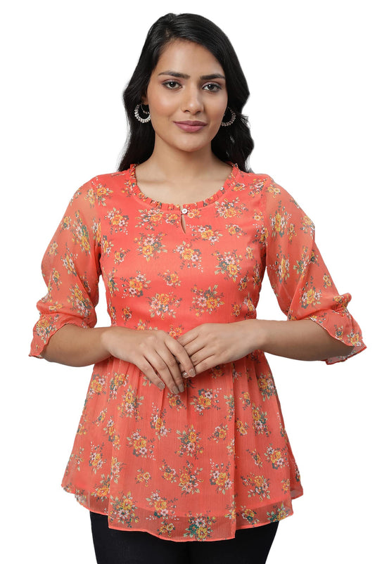 Aurelia Orange Floral Printed Printed Synthetic Regular Kurti For Women