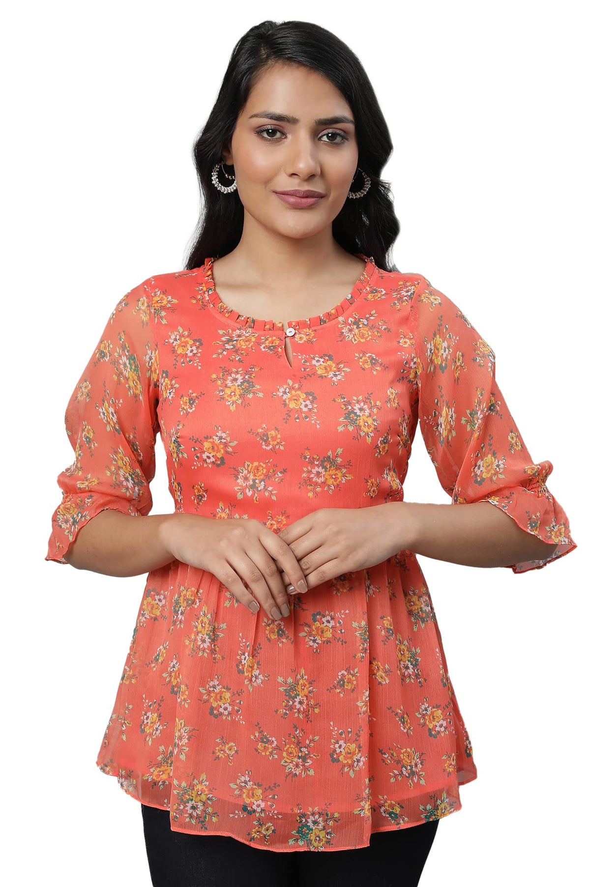 Aurelia Orange Floral Printed Printed Synthetic Regular Kurti for Women