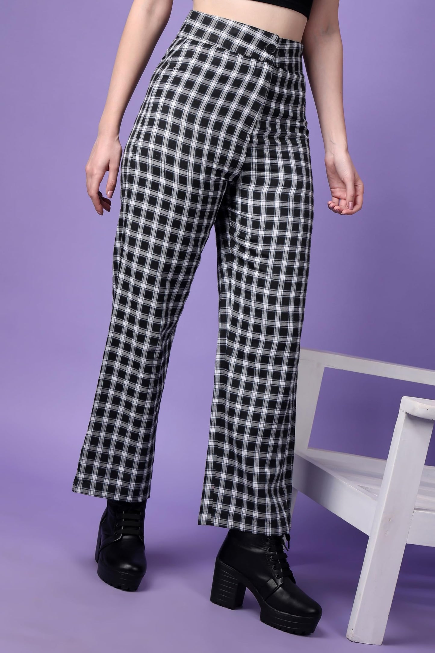 POPWINGS Casual Check Print Button and Zip Closure Trouser for Women | Western Wide-Leg Trouser for Women | Summer Trousers for
