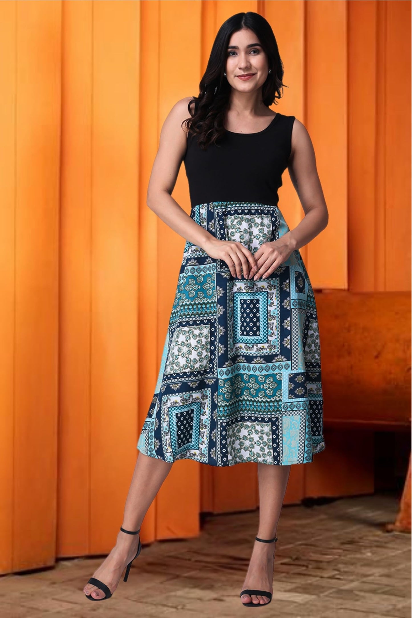 Popwings Casual Boho Printed And Solid Peplum Dress For Women | Summer Dresses For Women | Sleeveless Women Dresses | Round-Neck
