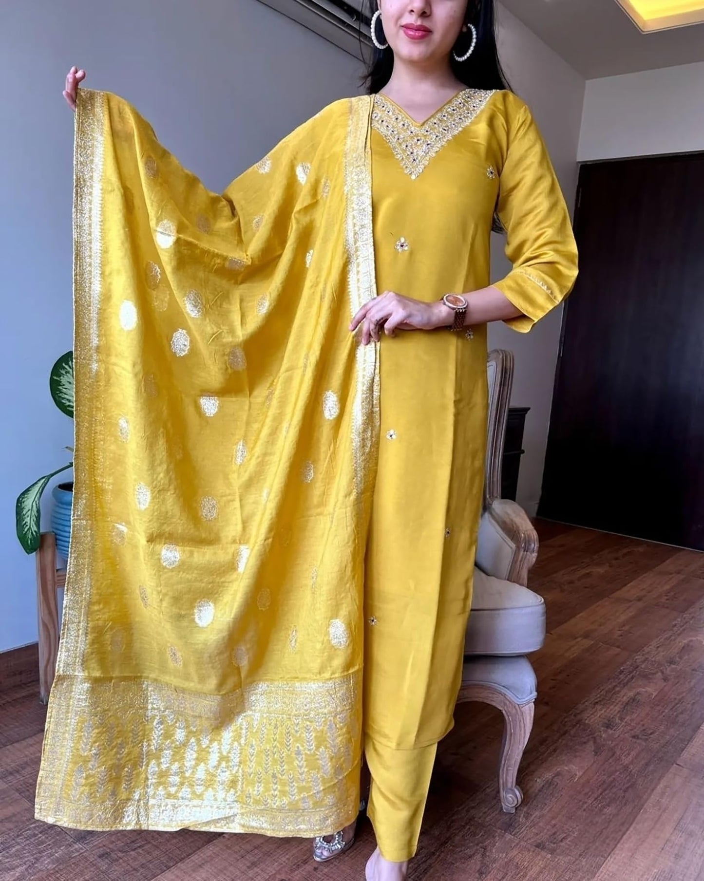 Satpurush WomenS Yellow Cotton Silk V-Neck 3/4Th Sleeve Floral Embroidery Straight Kurta Salwar Suit Set With Pant(B-153-A-Yell