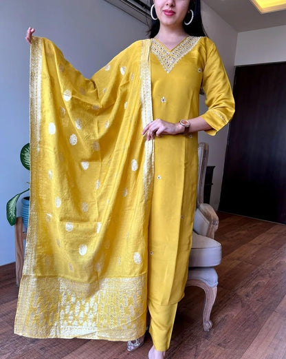 Satpurush WomenS Yellow Cotton Silk V-Neck 3/4Th Sleeve Floral Embroidery Straight Kurta Salwar Suit Set With Pant(B-153-A-Yell