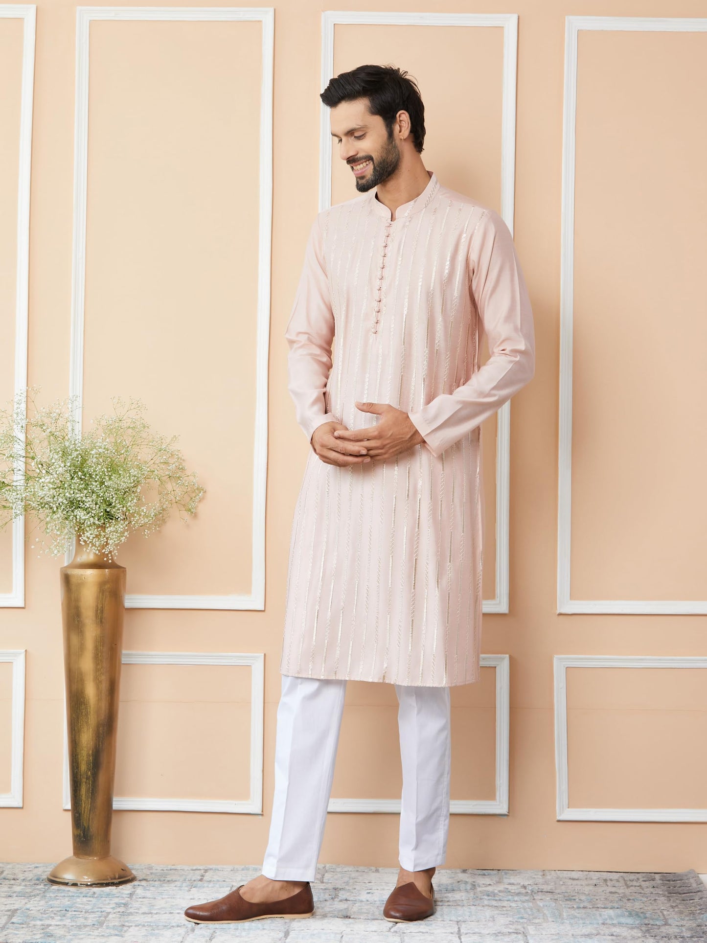 See Designs MenS Long Sleeve Mandarin Collar Side Slit Light Pink Sequins Embroidered Pure Chanderi Silk Straight Kurta - Sdkt2