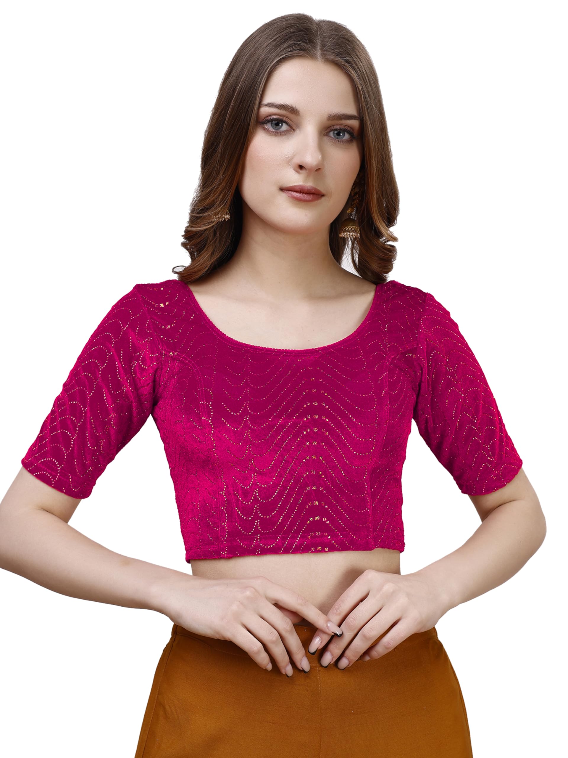 Vihu Fashion WomenS Readymade Hosiery Velvet Lycra Stretchable Round Neck Half Sleeve Blouse With Jari Work Fancy Pink Color Ly