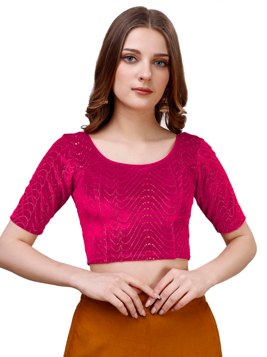Vihu Fashion WomenS Readymade Hosiery Velvet Lycra Stretchable Round Neck Half Sleeve Blouse With Jari Work Fancy Pink Color Ly