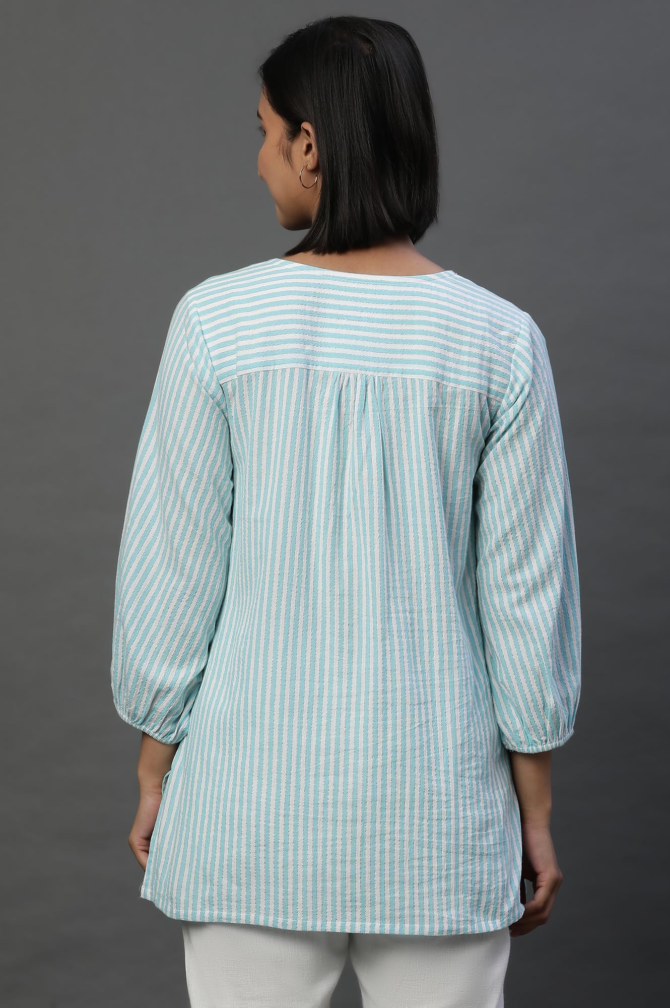 Aurelia WomenS Cotton Striped Regular Kurti (24Fea30426_Blue