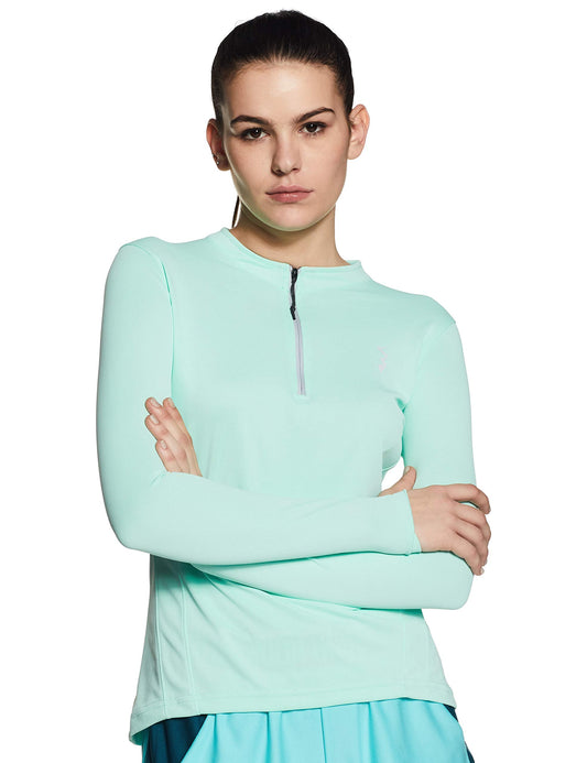 Campus Sutra Womens Mint Green Dri-Fit Crew Neck Full Sleeve T-Shirt Slim Fit for Casual Wear | Stylish Modern Clothing T-Shirt