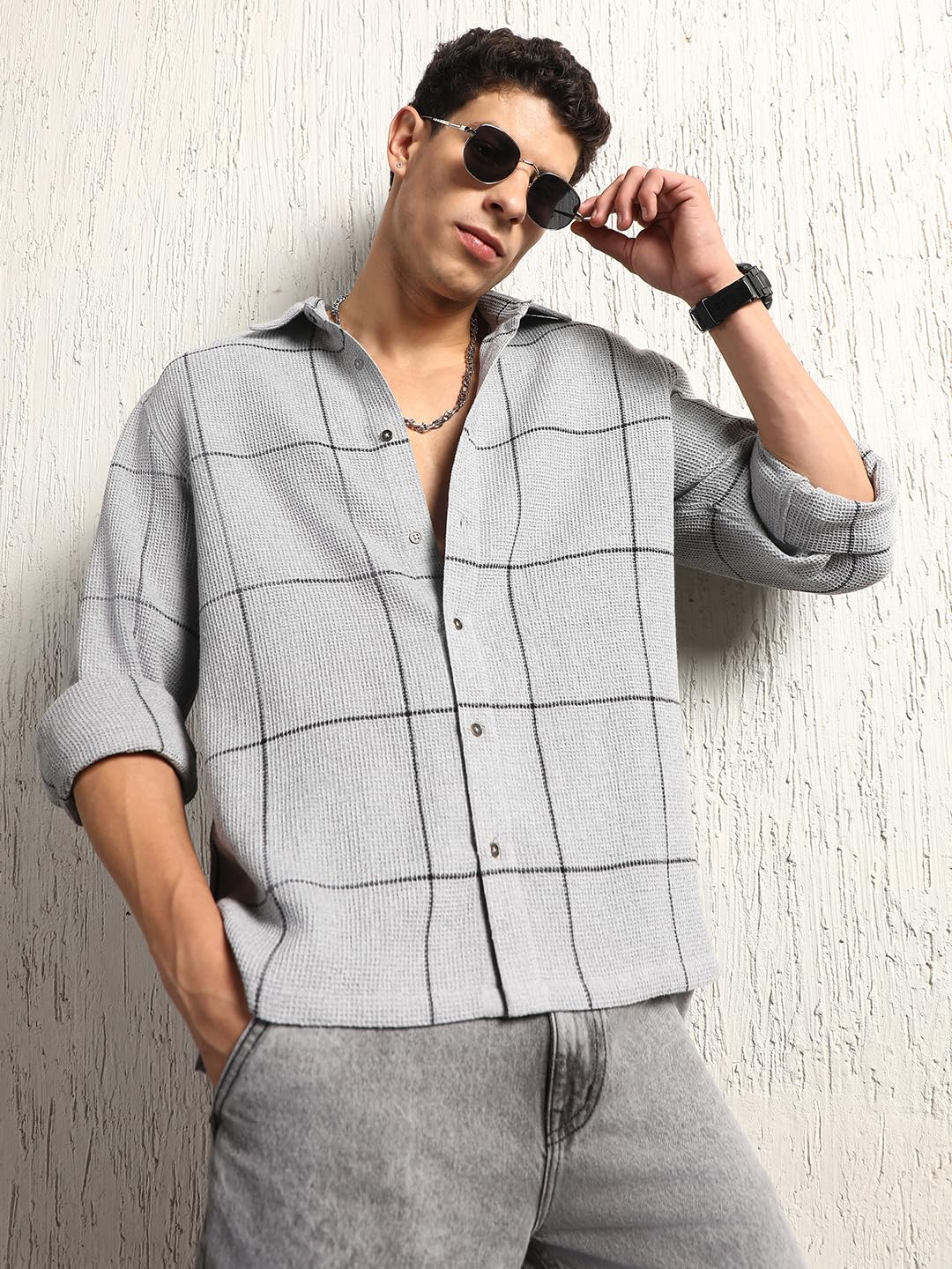 Hubberholme Men Summer Cotton Spread Collar Long Sleeves Oversized Casual Shirt 38 Grey