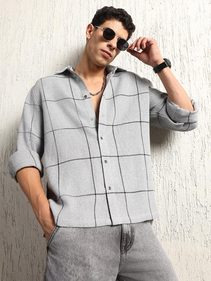 Hubberholme Men Summer Cotton Spread Collar Long Sleeves Oversized Casual Shirt 38 Grey